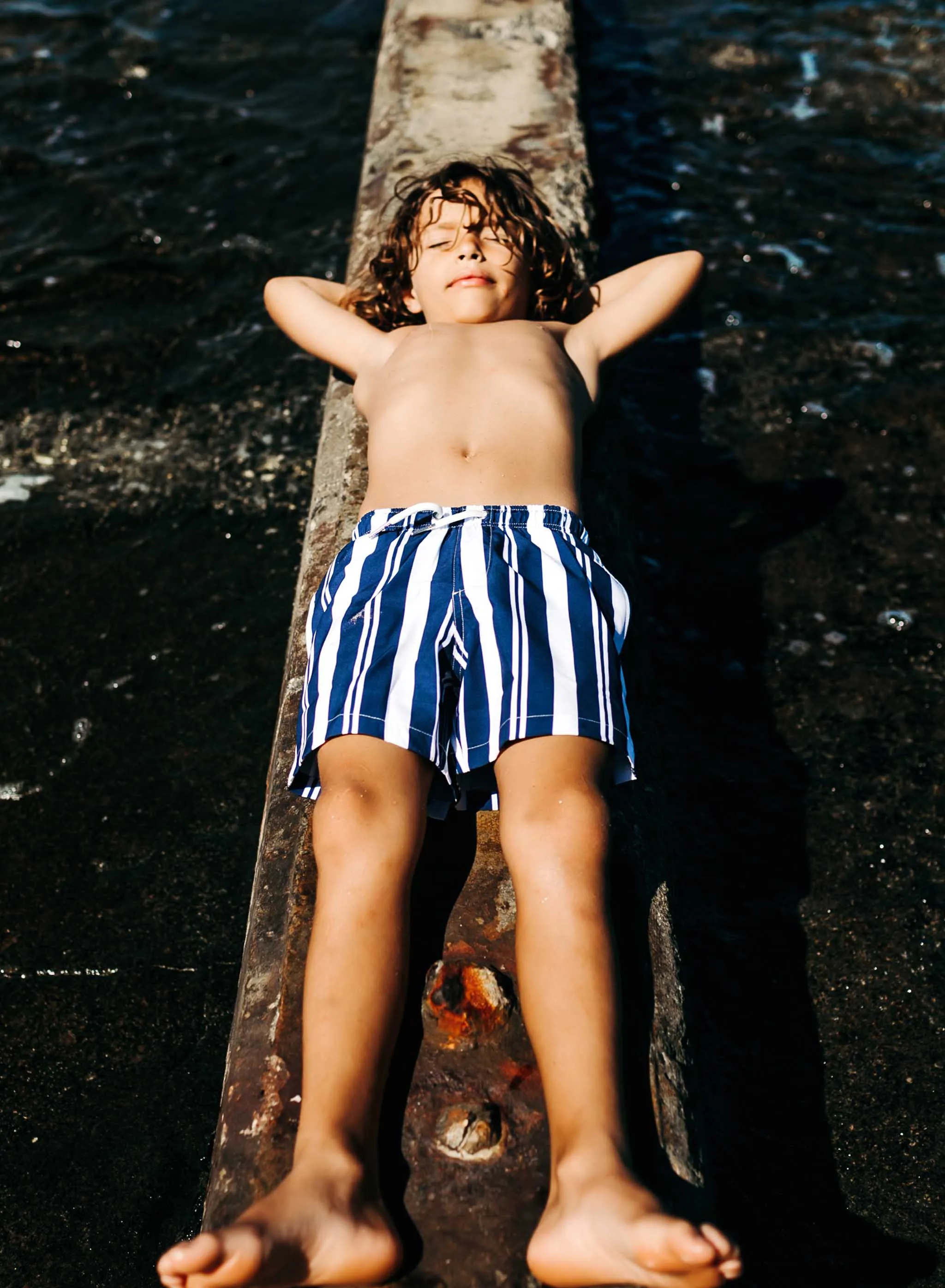 Navy Stripes - Kids Swim Trunks