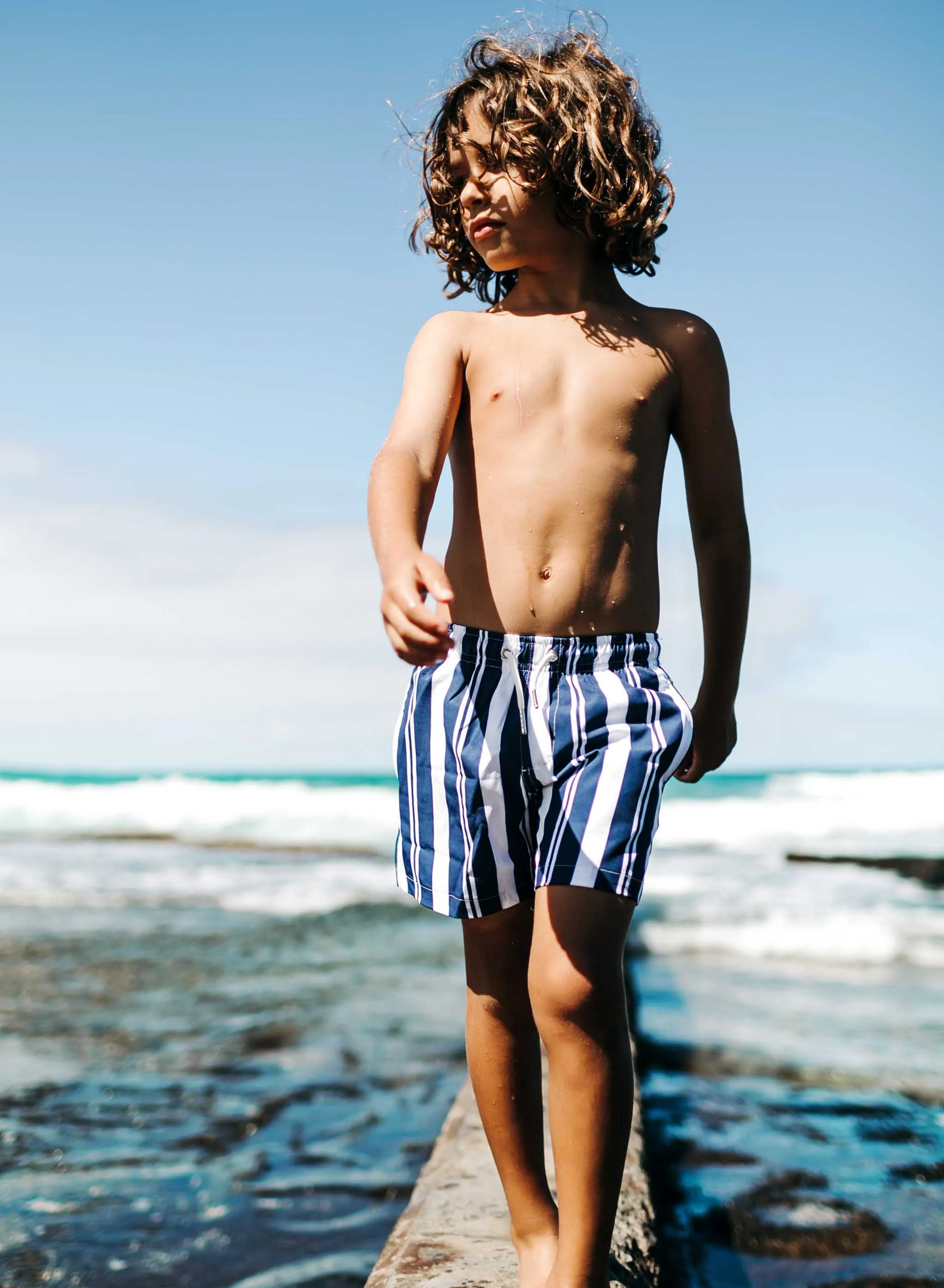 Navy Stripes - Kids Swim Trunks