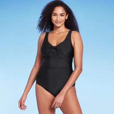 New - Kona Sol Women's Scallop Edge One Piece Swimsuit Full Coverage Swimwear