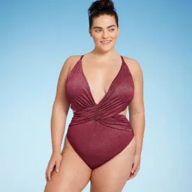 New - Shade & Shore Women's Plunge High Leg One Piece Swimsuit Metallic, Burgundy 17