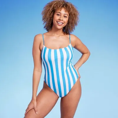 New - Women's Square Neck High Leg Cheeky One Piece Swimsuit - Shade & Shore Blue Striped L