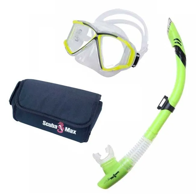 Scuba Max MK-118 Evora Mask, SK-164 Dry Pro Snorkel and Mask Bag Snorkel Combo