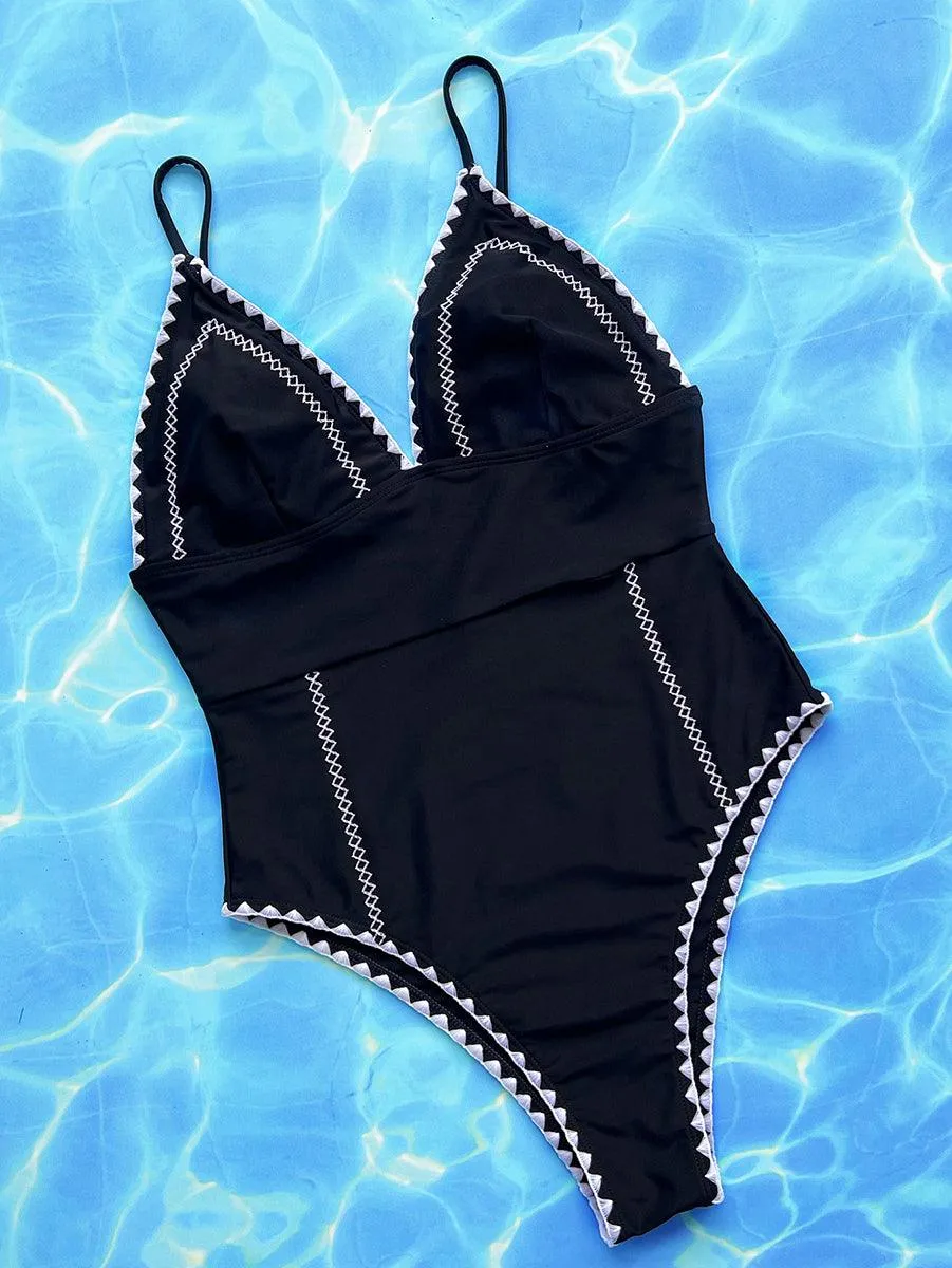 Women's High Cut Black One Piece Swimsuit | Sexy V-Neck Swimwear